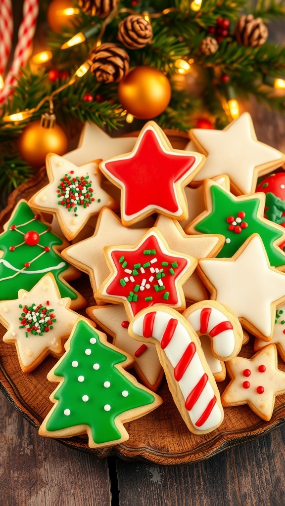 Classic Christmas Sugar Cookies A festive platter of decorated Christmas sugar cookies in various shapes on a rustic table with holiday decorations.